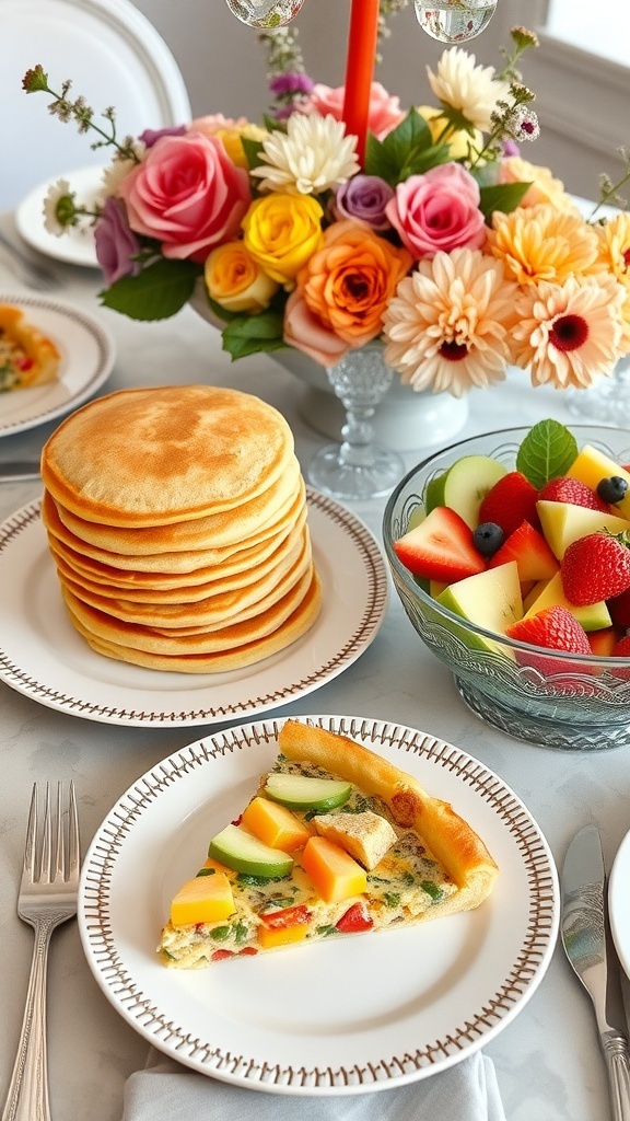 An elegant brunch setup with pancakes, quiche, and fruit salad for a birthday celebration.